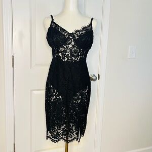 Zipper Lace Cami Dress Black Sexy Sleeveless Scallop Trim Split Sz L